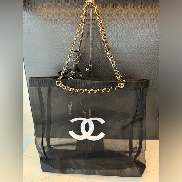 CHANEL BLACK MESH BEAUTY TOTE BAG BEACH PURSE MAKEUP TRAVEL SHOULDER CC coco - Picture 7 of 8